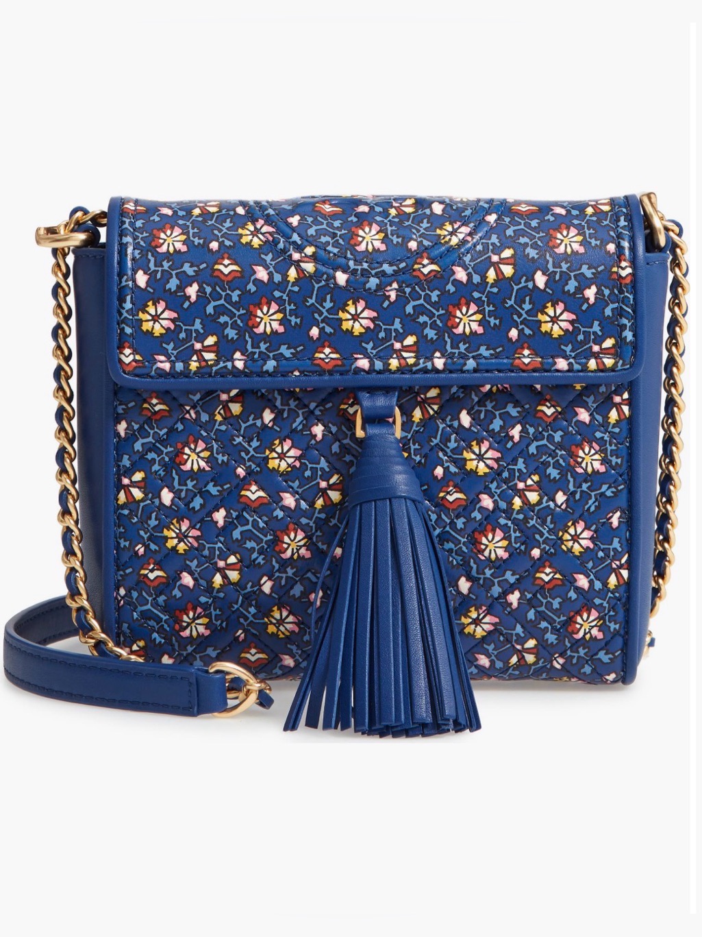$380 Tory Burch Fleming Printed Box Crossbody Floral Blue Gold Chain
